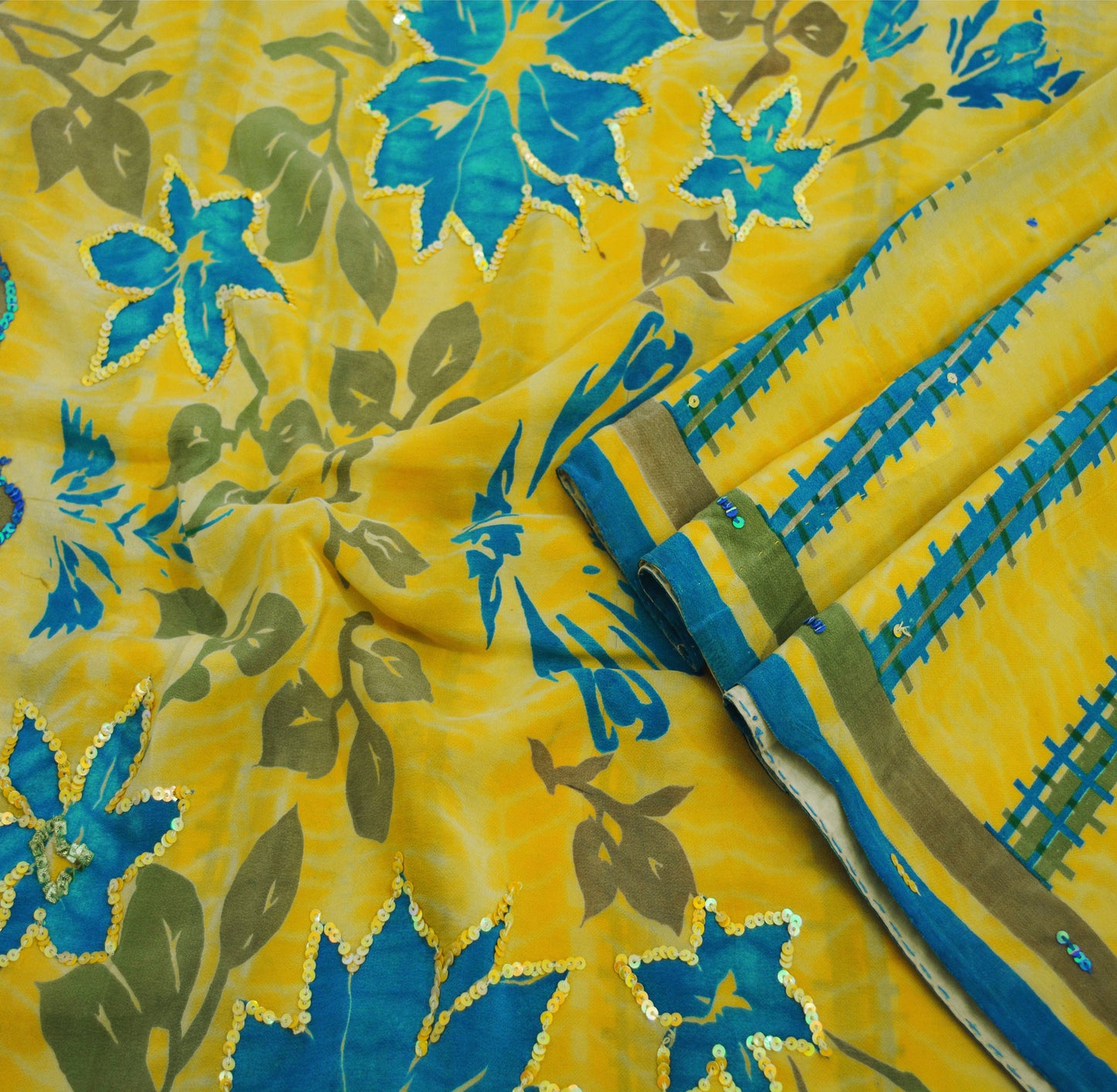 Indian Vintage Sari Yellow Pure Crepe Silk Hand Embroidered Saree 5yard Sewing Floral Craft Sequins