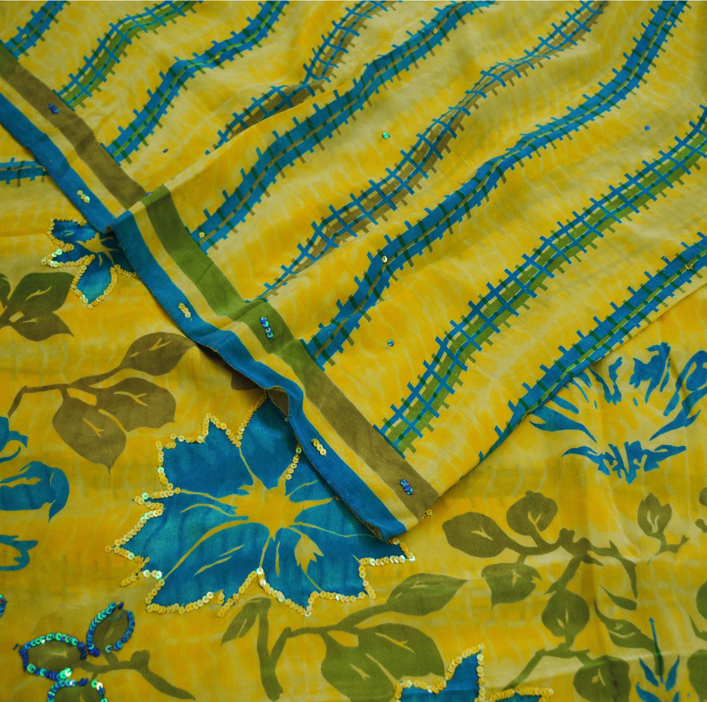 Indian Vintage Sari Yellow Pure Crepe Silk Hand Embroidered Saree 5yard Sewing Floral Craft Sequins