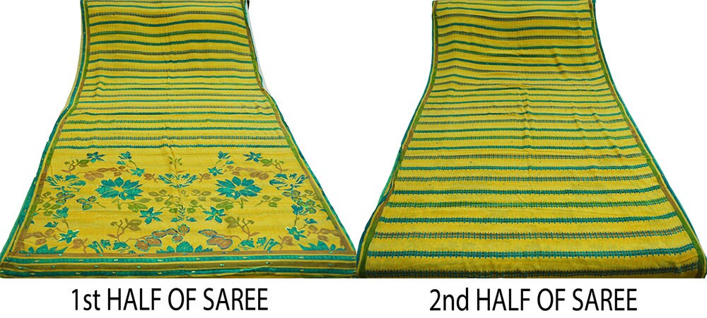 Indian Vintage Sari Yellow Pure Crepe Silk Hand Embroidered Saree 5yard Sewing Floral Craft Sequins