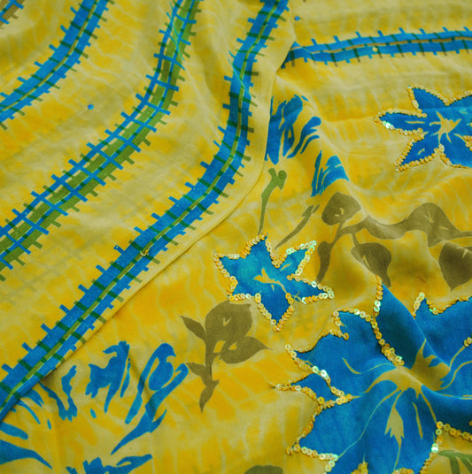 Indian Vintage Sari Yellow Pure Crepe Silk Hand Embroidered Saree 5yard Sewing Floral Craft Sequins