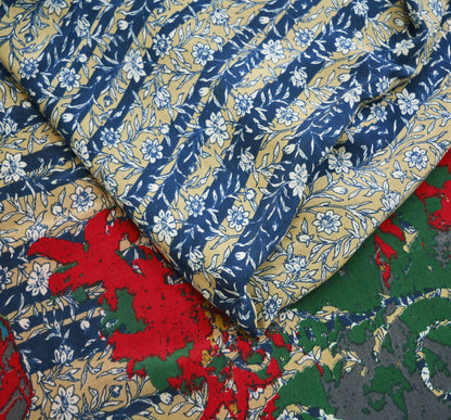 Indian Vintage Sari Beige & Blue Pure Crepe Silk Printed Saree 5yard Sewing Floral Soft Craft Fabric Wrap