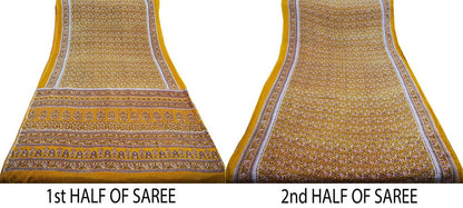 Indian Vintage Sari Saffron 100% Pure Silk Printed Saree 6yd Sewing Craft Fabric DressMaking Soft Wrap Floral Abstract