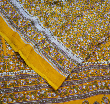 Indian Vintage Sari Saffron 100% Pure Silk Printed Saree 6yd Sewing Craft Fabric DressMaking Soft Wrap Floral Abstract