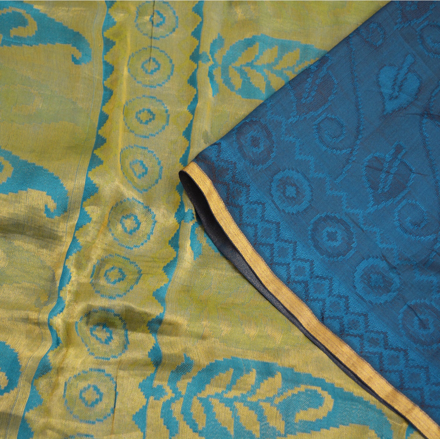 Vintage Blue Hand Woven Saree 100% Pure Silk Indian Sari Metallic Golden Zari 5Yard Floral Design