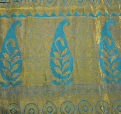 Vintage Blue Hand Woven Saree 100% Pure Silk Indian Sari Metallic Golden Zari 5Yard Floral Design