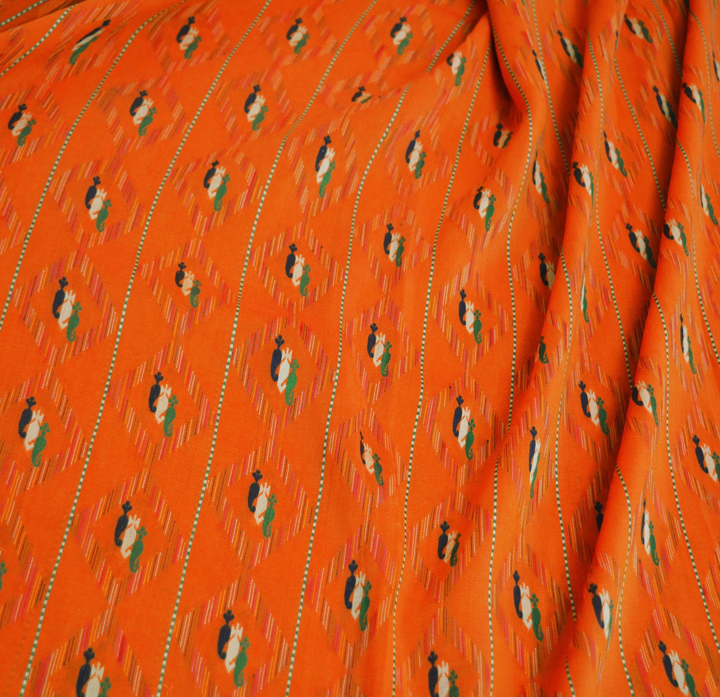 Indian Vintage Sari Green & Orange Hand Woven 100% Pure Silk Saree Fabric 5Yard Silk Sari Ethnic Floral