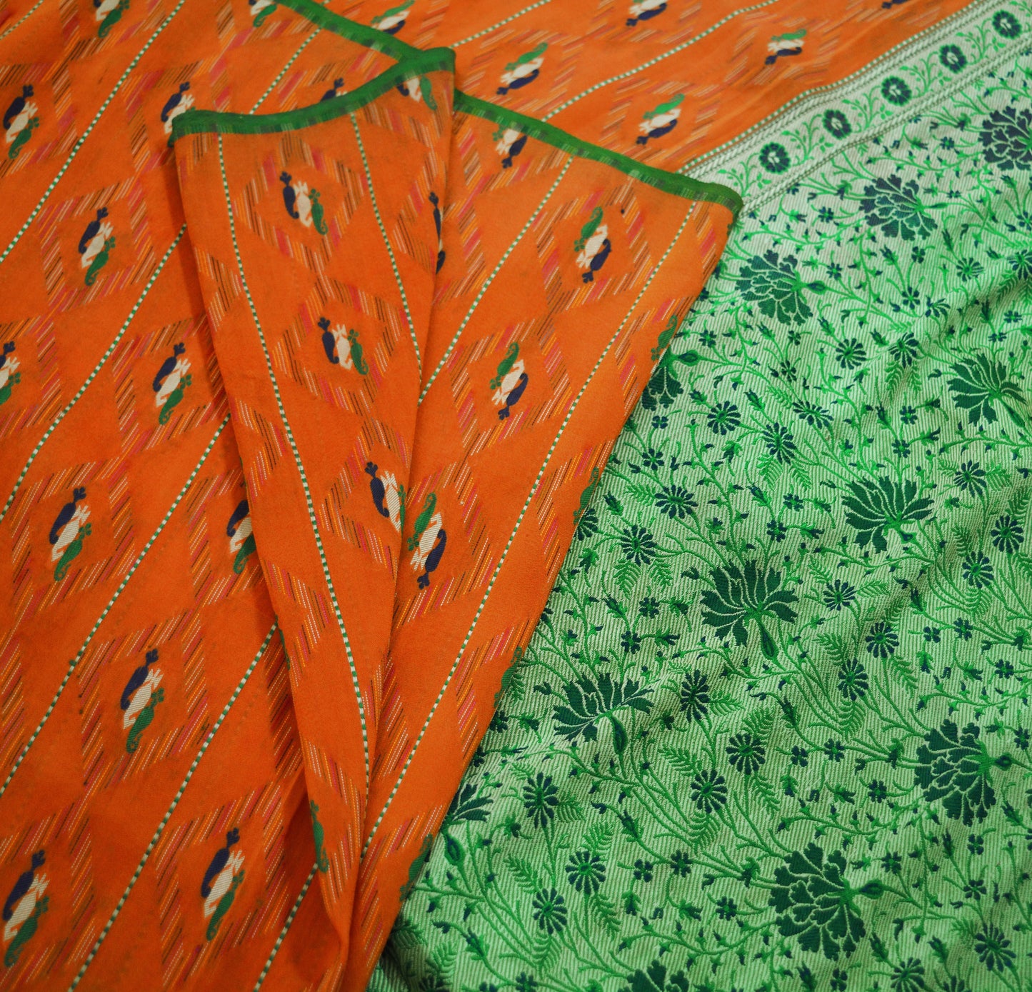 Indian Vintage Sari Green & Orange Hand Woven 100% Pure Silk Saree Fabric 5Yard Silk Sari Ethnic Floral