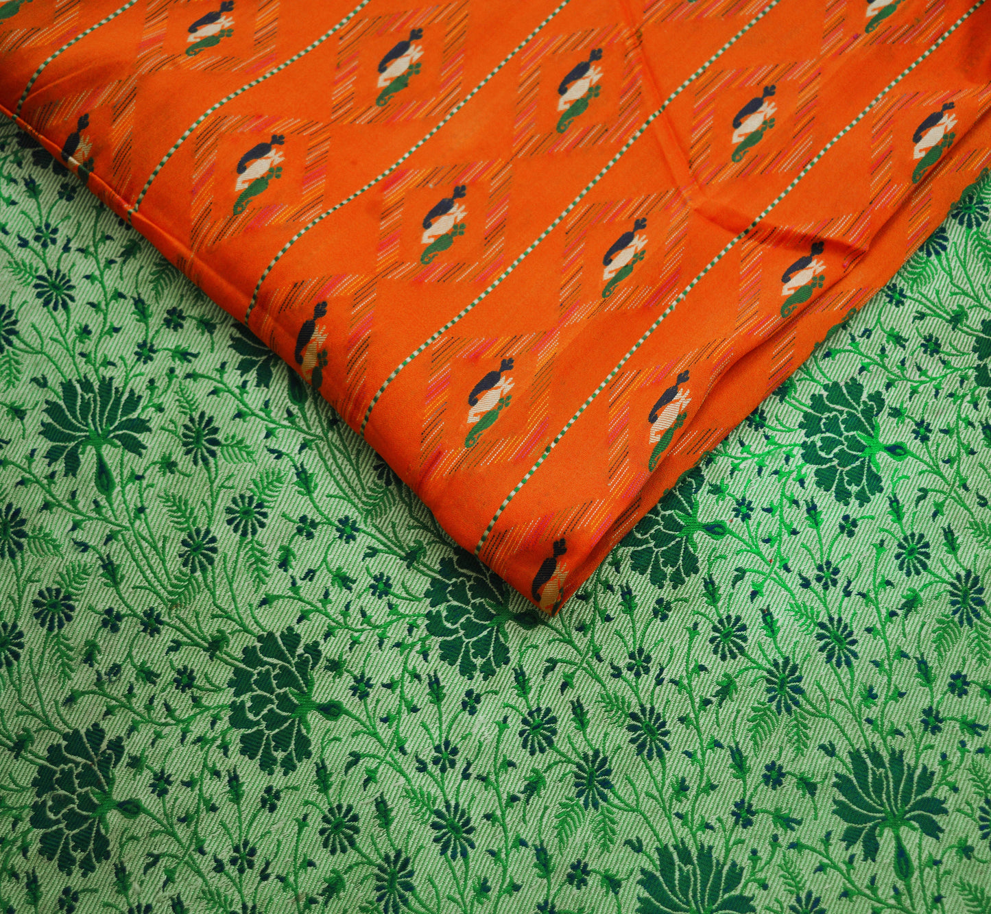 Indian Vintage Sari Green & Orange Hand Woven 100% Pure Silk Saree Fabric 5Yard Silk Sari Ethnic Floral