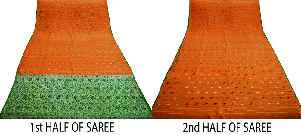 Indian Vintage Sari Green & Orange Hand Woven 100% Pure Silk Saree Fabric 5Yard Silk Sari Ethnic Floral