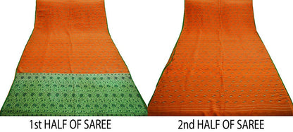 Indian Vintage Sari Green & Orange Hand Woven 100% Pure Silk Saree Fabric 5Yard Silk Sari Ethnic Floral