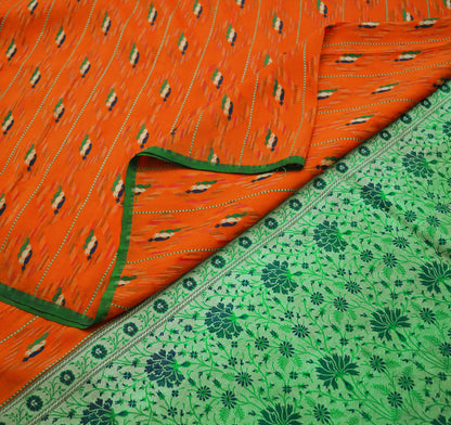 Indian Vintage Sari Green & Orange Hand Woven 100% Pure Silk Saree Fabric 5Yard Silk Sari Ethnic Floral