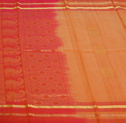 Vintage Sari Red & Saffron Hand Woven Pure Silk Saree Golden Zari 5Yard Soft Floral Ethnic