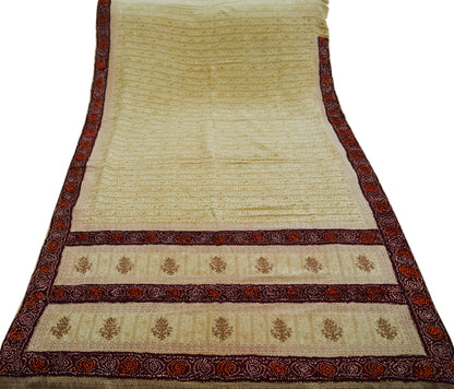 Indian Vintage Sari Beige Pure Crepe Silk Block Printed Saree 5yard Sewing Quilting Soft Craft Fabric Wrap Bandhani Border