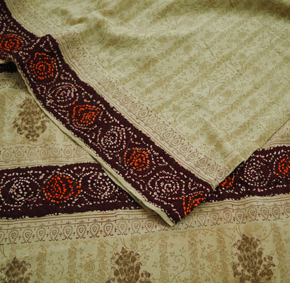 Indian Vintage Sari Beige Pure Crepe Silk Block Printed Saree 5yard Sewing Quilting Soft Craft Fabric Wrap Bandhani Border