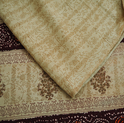 Indian Vintage Sari Beige Pure Crepe Silk Block Printed Saree 5yard Sewing Quilting Soft Craft Fabric Wrap Bandhani Border