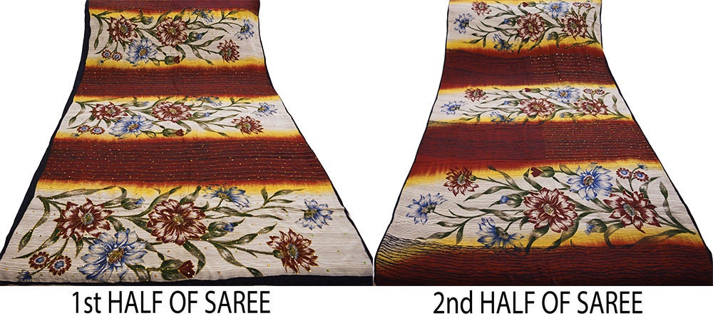 Indian Vintage Sari Orange & Cream Pure Crepe Silk Hand Embroidered Saree 5yard Sewing Floral Craft Sequins