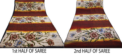 Indian Vintage Sari Orange & Cream Pure Crepe Silk Hand Embroidered Saree 5yard Sewing Floral Craft Sequins