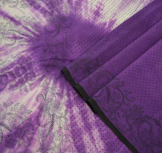 Indian Vintage Sari Purple & White Pure Crepe Silk Tie-Dye Printed Saree 6yard Sewing Ethnic Wrap