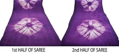 Indian Vintage Sari Purple & White Pure Crepe Silk Tie-Dye Printed Saree 6yard Sewing Ethnic Wrap