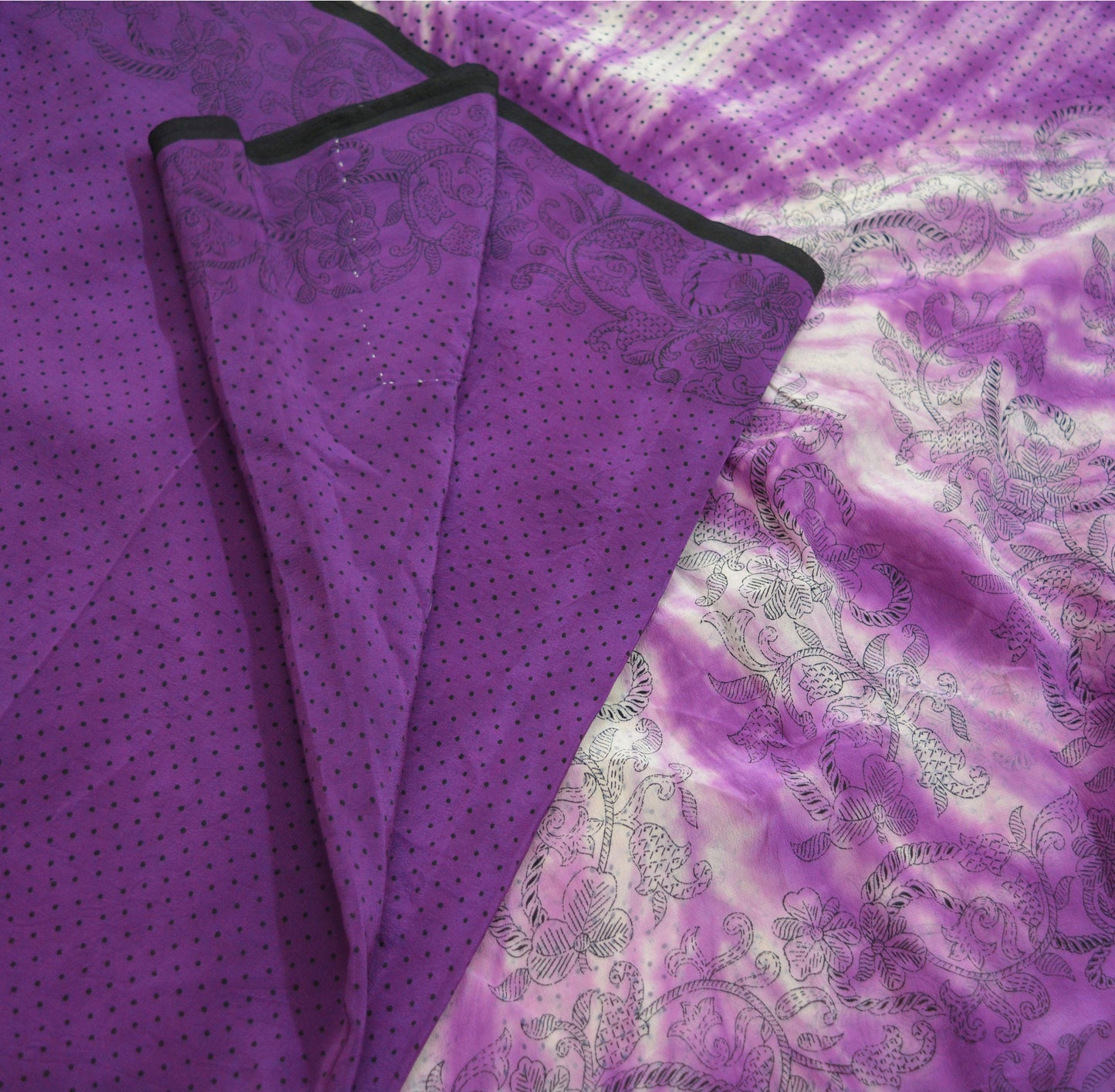 Indian Vintage Sari Purple & White Pure Crepe Silk Tie-Dye Printed Saree 6yard Sewing Ethnic Wrap