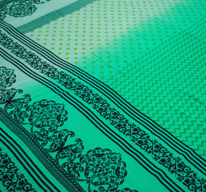 Indian Vintage Sari Green Pure Crepe Silk Printed Saree 5yard Sewing Floral Soft Craft Fabric Ethnic Wrap