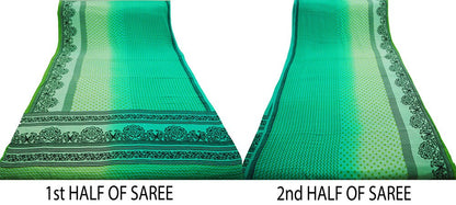 Indian Vintage Sari Green Pure Crepe Silk Printed Saree 5yard Sewing Floral Soft Craft Fabric Ethnic Wrap