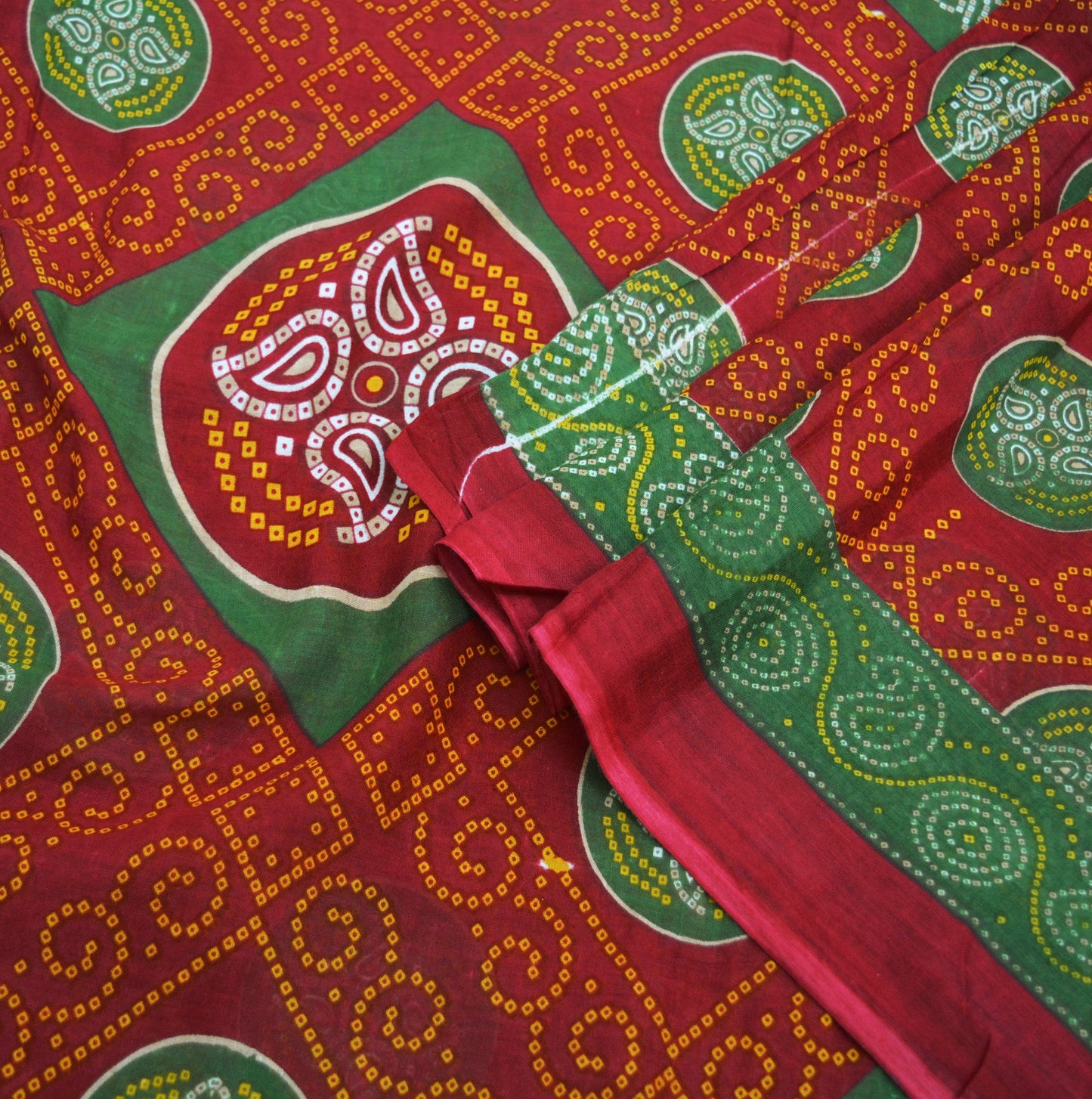 Indian Vintage Sari Red Pure Cotton Bandhani Printed Sarees Fabric 5yd Sewing Craft Fabric DressMaking Soft