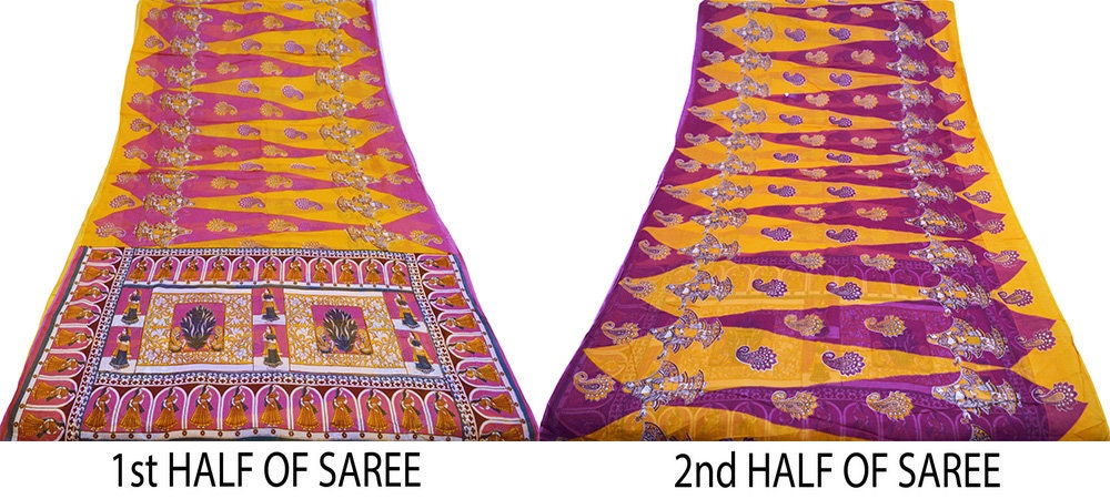 Indian Vintage Sari Saffron & Purple  Printed Pure Cotton Saree Craft Soft Fabric 5Yard Sewing Sarong Wrap Boho Paisley