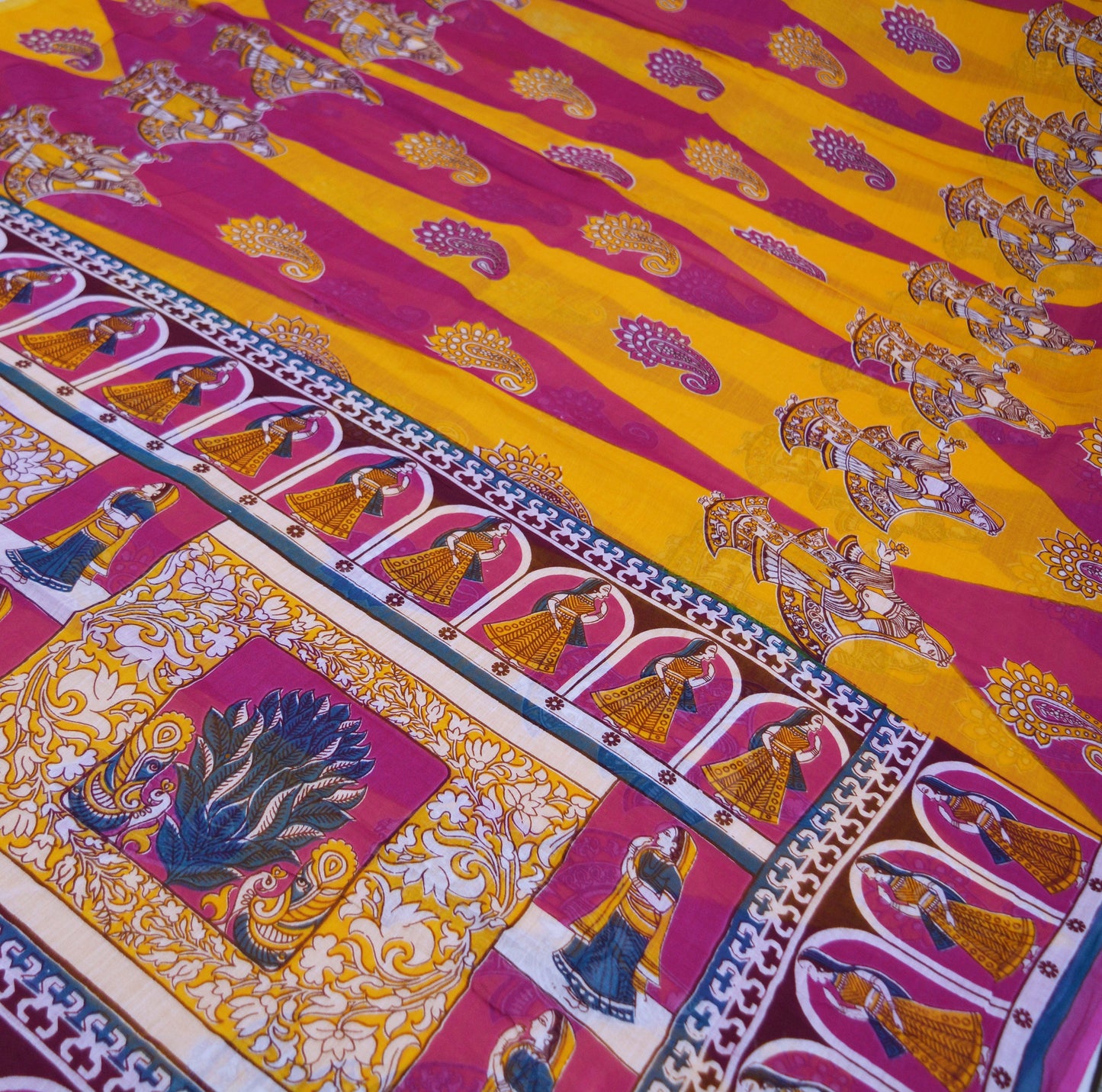 Indian Vintage Sari Saffron & Purple  Printed Pure Cotton Saree Craft Soft Fabric 5Yard Sewing Sarong Wrap Boho Paisley