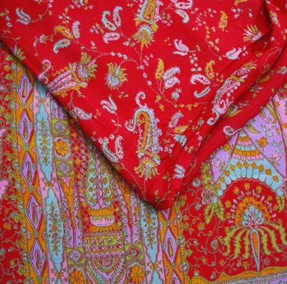 Indian Vintage Sari Red Pure Silk Printed Saree Fabric 6yard Sewing Craft Fabric DressMaking Soft Wrap Paisley