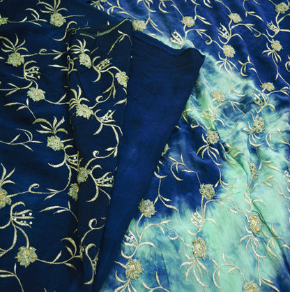 Indian Vintage Sari Blue & Green Pure Crepe Silk Hand Embroidered Saree 6yard Sewing Soft Craft Ethnic Wrap