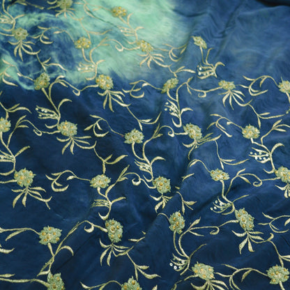 Indian Vintage Sari Blue & Green Pure Crepe Silk Hand Embroidered Saree 6yard Sewing Soft Craft Ethnic Wrap