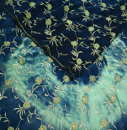 Indian Vintage Sari Blue & Green Pure Crepe Silk Hand Embroidered Saree 6yard Sewing Soft Craft Ethnic Wrap