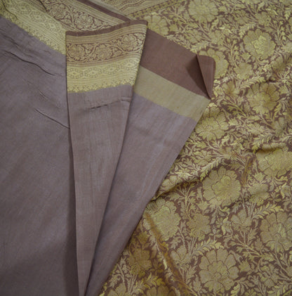 Indian Vintage Heavy Saree Brown Hand Woven 100% Pure Silk Indian Sari Fabric 5Yard Ethnic Floral Ethnic