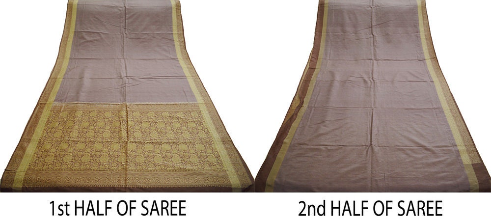 Indian Vintage Heavy Saree Brown Hand Woven 100% Pure Silk Indian Sari Fabric 5Yard Ethnic Floral Ethnic