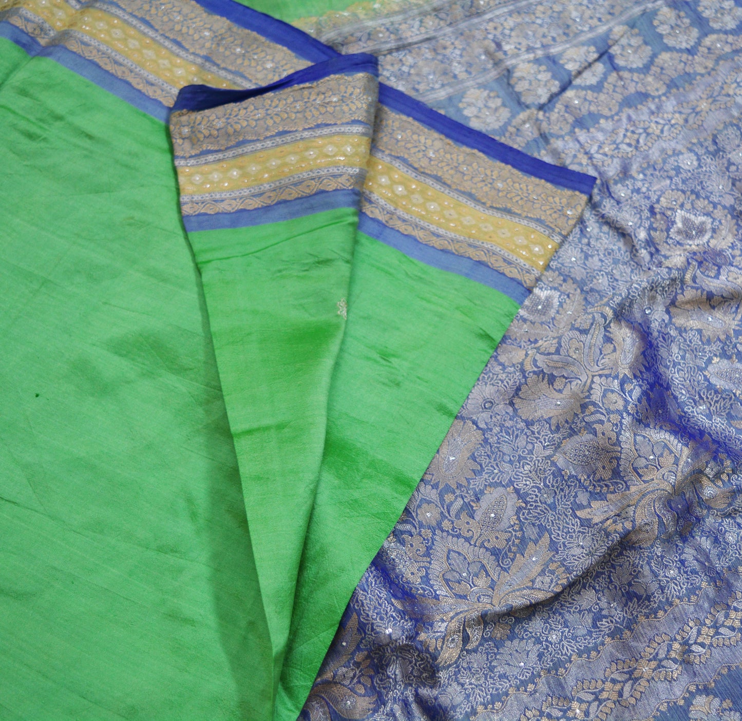 Indian Vintage Saree Blue & Green Hand Woven Pure Silk Indian Sari Fabric 5Yard Ethnic Floral Golden Zari Saree Dress