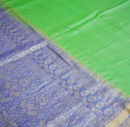 Indian Vintage Saree Blue & Green Hand Woven Pure Silk Indian Sari Fabric 5Yard Ethnic Floral Golden Zari Saree Dress