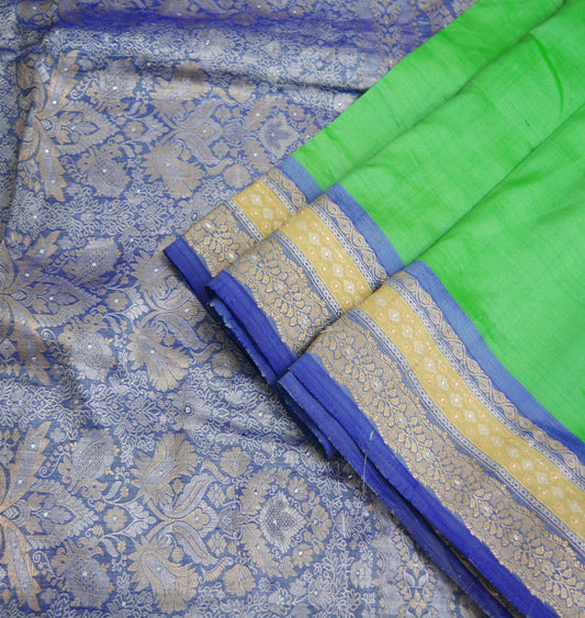 Indian Vintage Saree Blue & Green Hand Woven Pure Silk Indian Sari Fabric 5Yard Ethnic Floral Golden Zari Saree Dress