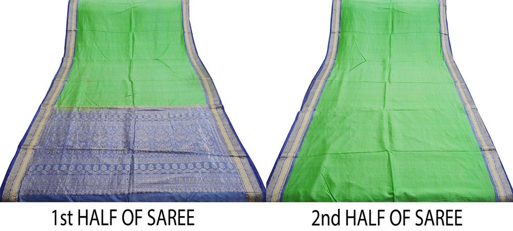 Indian Vintage Saree Blue & Green Hand Woven Pure Silk Indian Sari Fabric 5Yard Ethnic Floral Golden Zari Saree Dress