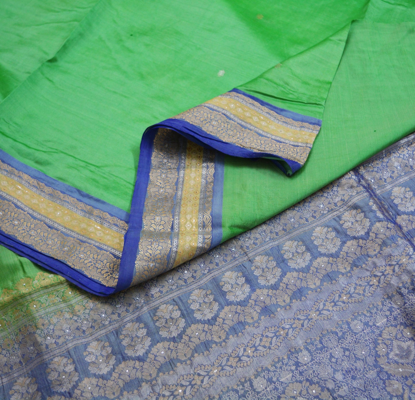 Indian Vintage Saree Blue & Green Hand Woven Pure Silk Indian Sari Fabric 5Yard Ethnic Floral Golden Zari Saree Dress