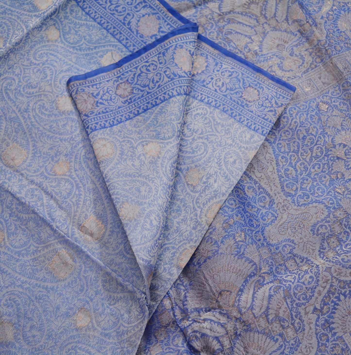 Indian Vintage Blue Sarees Pure Organza Silk Woven Indian Sari Fabric 5Yard Sewing Ethnic Golden Zari Floral