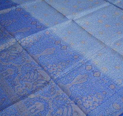 Indian Vintage Blue Sarees Pure Organza Silk Woven Indian Sari Fabric 5Yard Sewing Ethnic Golden Zari Floral