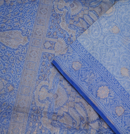 Indian Vintage Blue Sarees Pure Organza Silk Woven Indian Sari Fabric 5Yard Sewing Ethnic Golden Zari Floral
