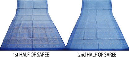 Indian Vintage Blue Sarees Pure Organza Silk Woven Indian Sari Fabric 5Yard Sewing Ethnic Golden Zari Floral