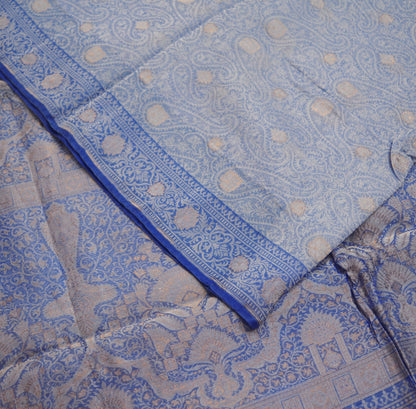 Indian Vintage Blue Sarees Pure Organza Silk Woven Indian Sari Fabric 5Yard Sewing Ethnic Golden Zari Floral