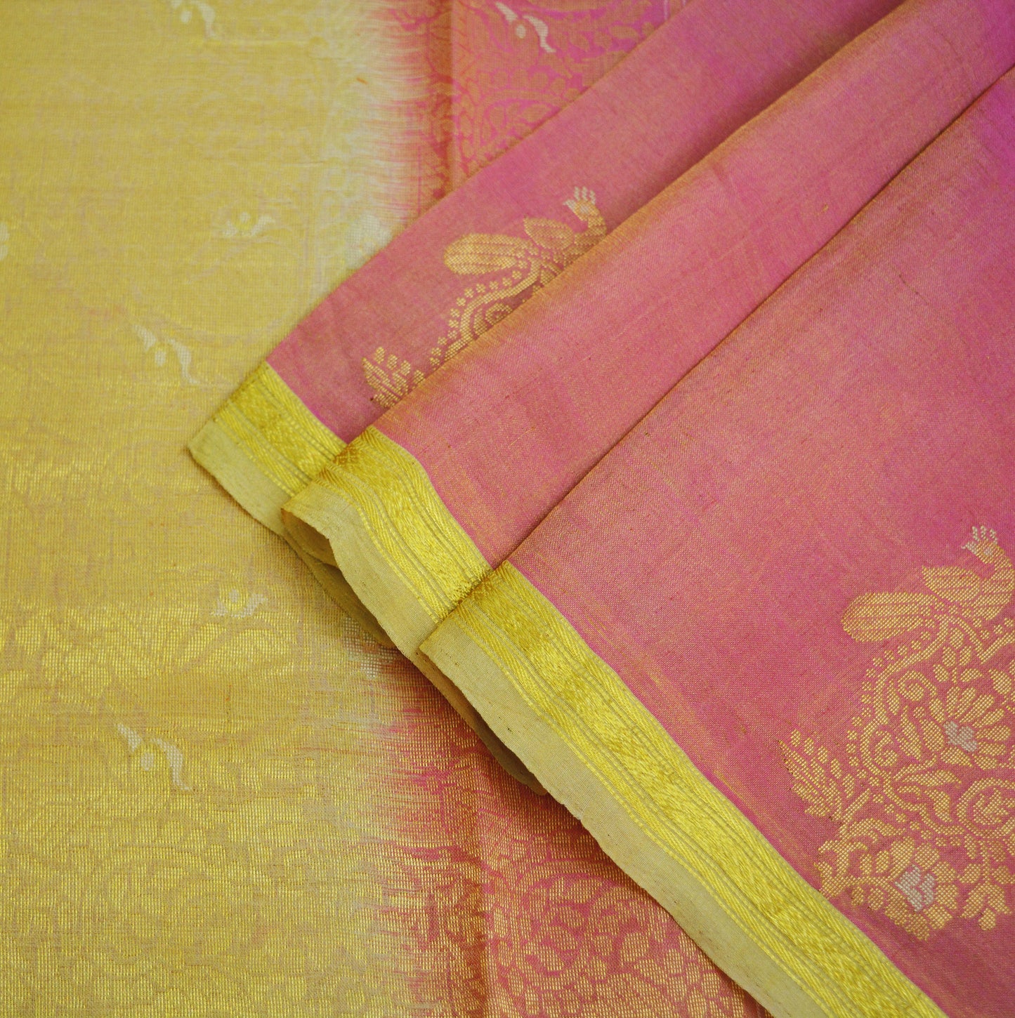 Indian Vintage Heavy Saree Pink & Golden Hand Woven Kanjivaram 100% Pure Silk Indian Sari Fabric 5Yard Ethnic Zari