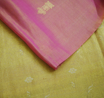 Indian Vintage Heavy Saree Pink & Golden Hand Woven Kanjivaram 100% Pure Silk Indian Sari Fabric 5Yard Ethnic Zari