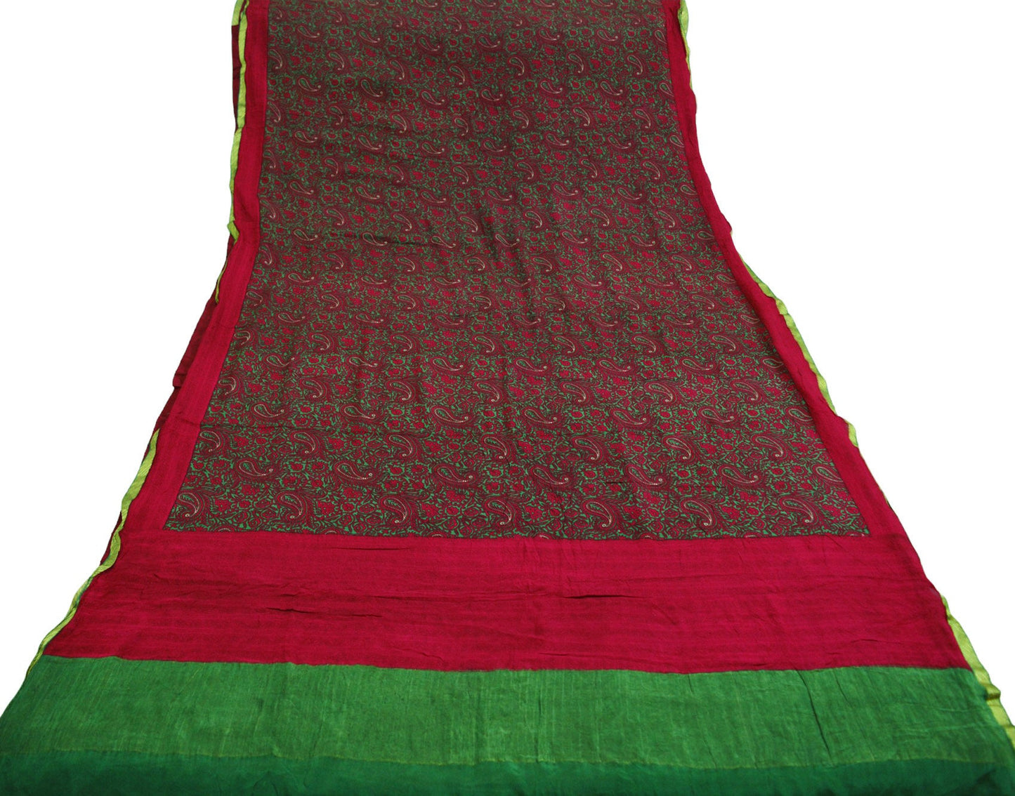 Indian Vintage Sari Red & Green Pure Silk Printed Saree Fabric 5yard Sewing Craft Fabric DressMaking Soft Wrap