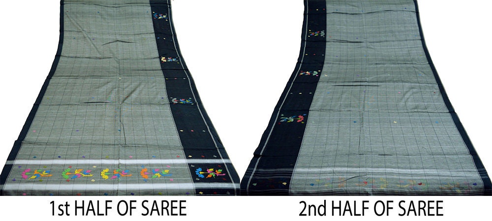 Indian Vintage Sari Gray Pure Cotton Hand Woven Saree 5yard Ethnic Soft Floral Design