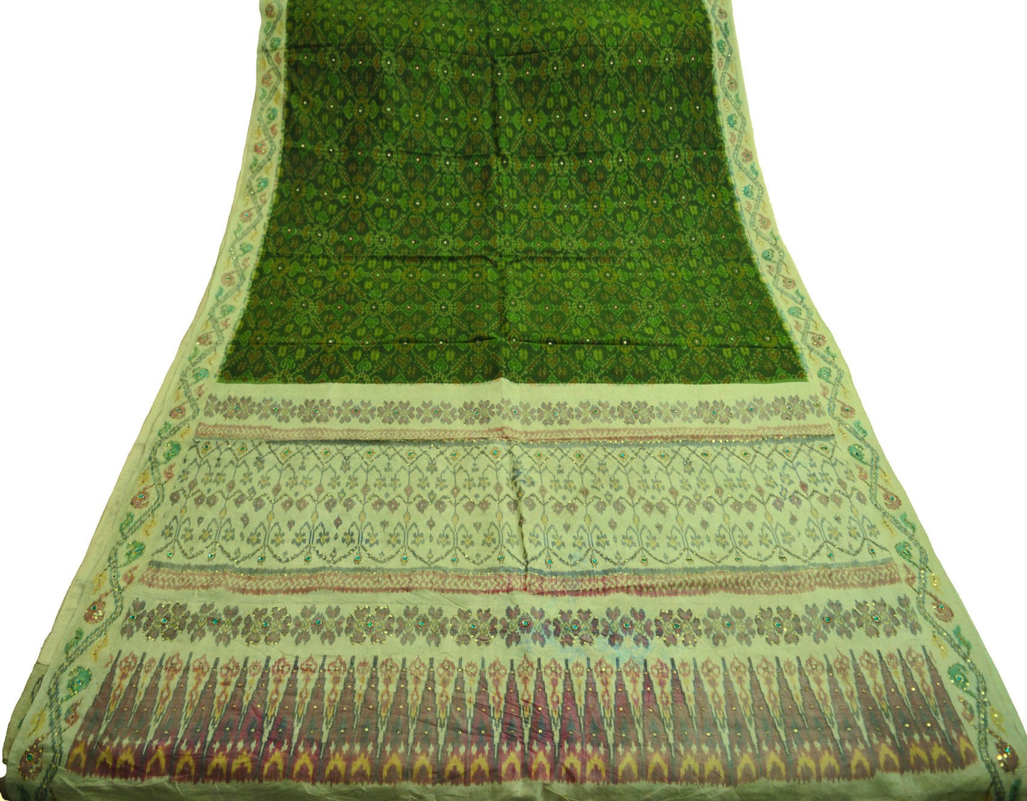 Indian Vintage Green & Cream Pure Silk Saree Hand Embroidered Woven Ikat Patola Indian Sari Fabric 5Yard Craft Ethnic Premium Saree Zari